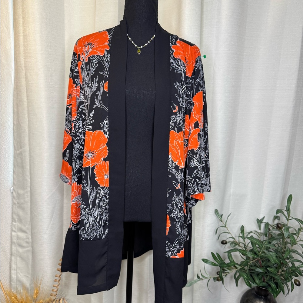 LuLaRoe Black and Orange Floral Kimono Small NWOT